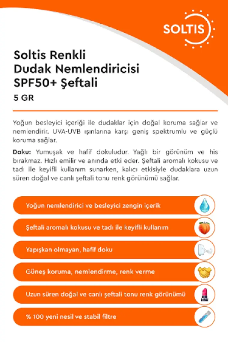 Soltis Renkli Dudak Nemlendiricisi SPF50+ Şeftali, 5 gr
