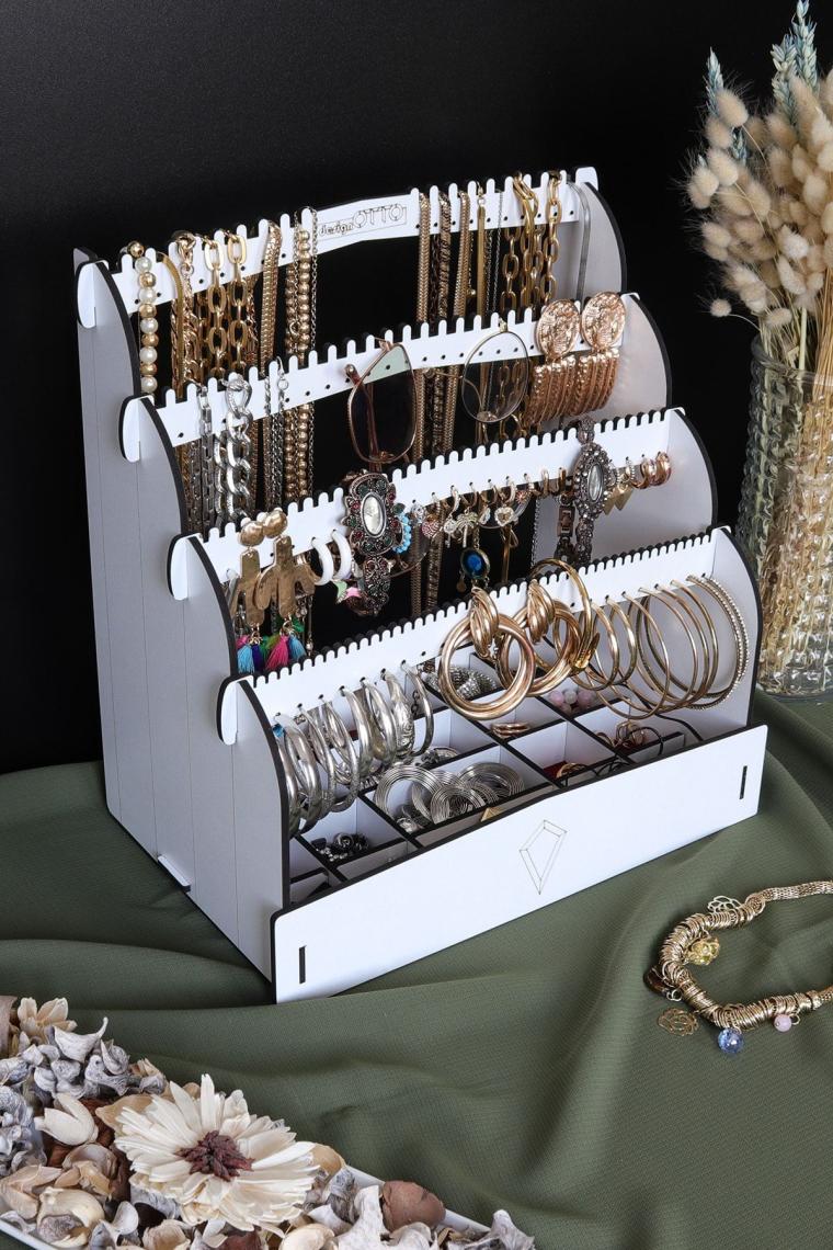 Diamond Small Organizer Kozmetik Makyaj Kolye Küpe Yüzük Takı Kutusu Düzenleyici Beyaz