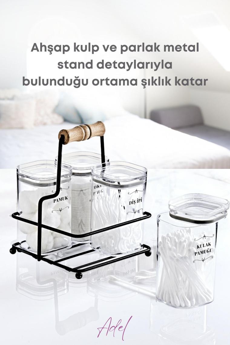 Grimor Life Metal Standlı 4'lü Akrilik Kulak Pamuğu- Pamuk & Makyaj Pamuğu& Diş Ipi Organizeri- Etiket Hediyeli