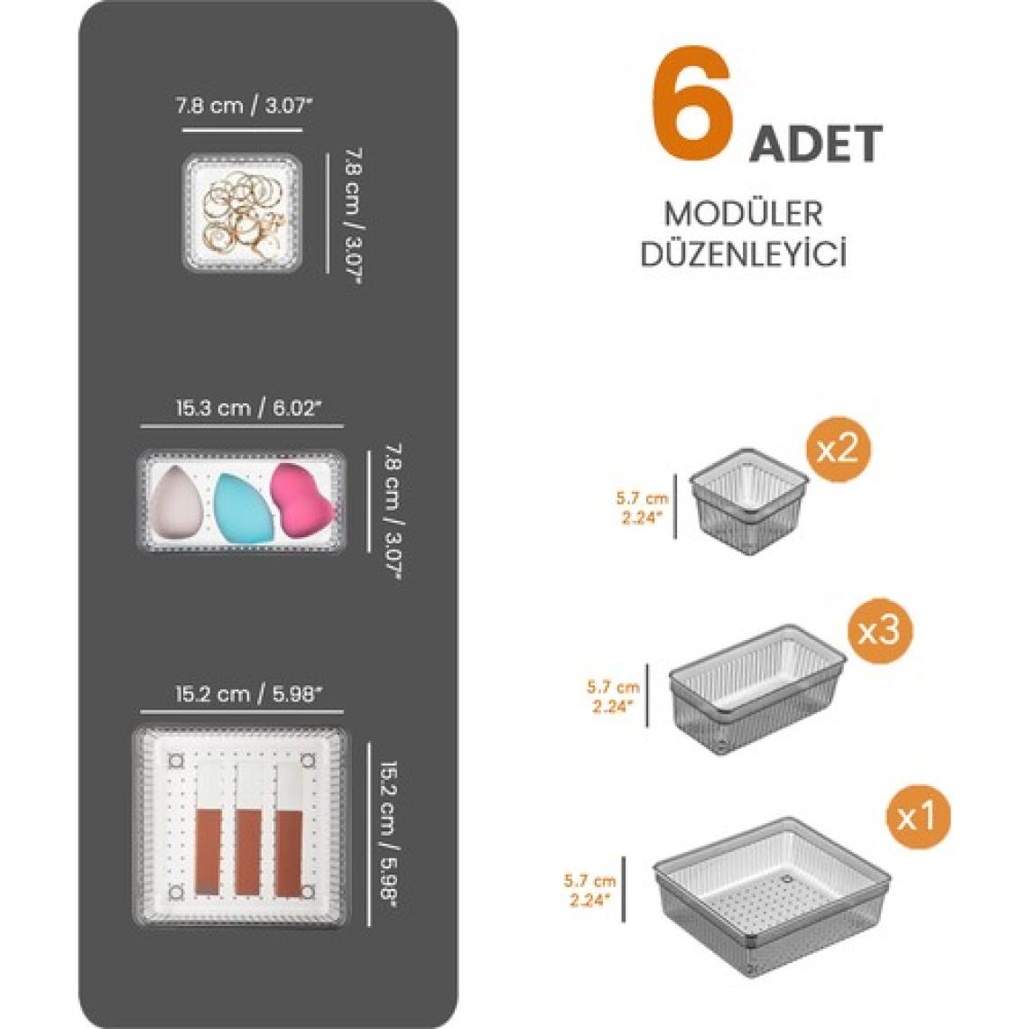 Meleni Home 6'Lı Çekmece Içi Organizer - Kozmetik Takı Makyaj Organizeri Dolap Içi Düzenleyici - Antrasit