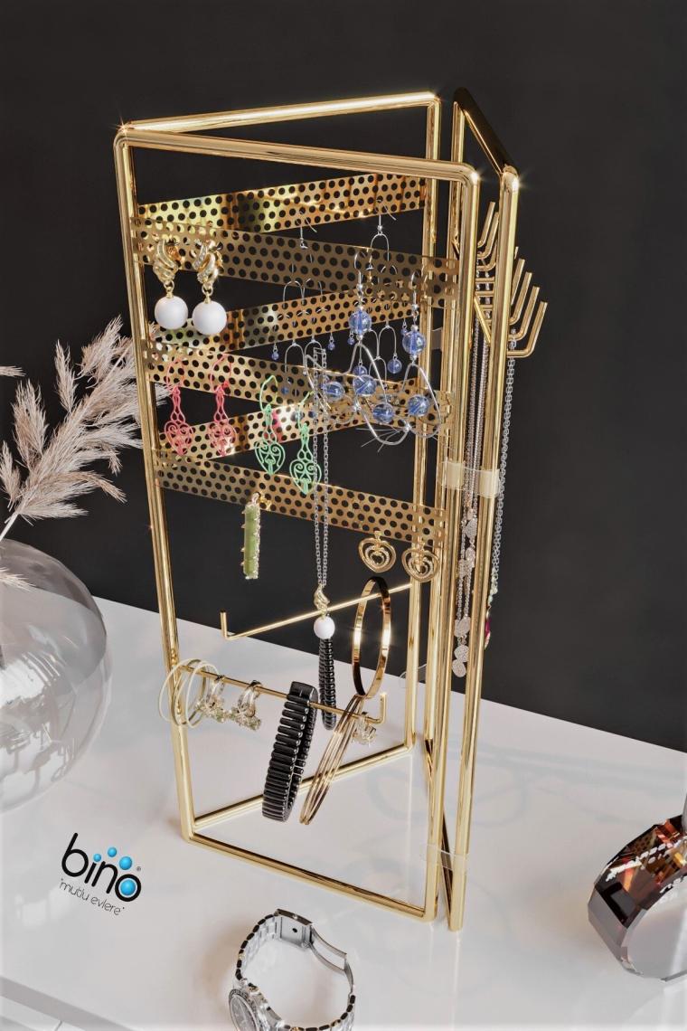 Gold Altın 3'lü Takı Standı, Takılık, Küpelik, Bileklik, Kolye Seti, Takı Dolabı Düzenleyici