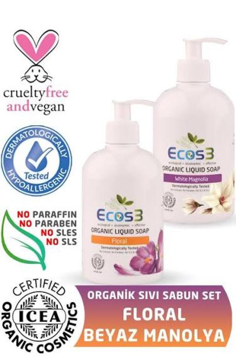 Ecos3 Organik Sıvı Sabun Floral + Beyaz Manolya 500 ml x 2