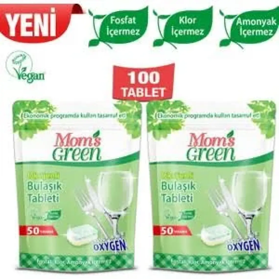 Mom's Green 50'li Oksijenli Bulaşık Makinesi Tableti 2 x 50 Tablet (100 Yıkama)
