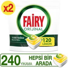Fairy Hepsi Bir Arada 240 Yıkama Bulaşık Makinesi Deterjanı Deterjanı Tableti / Kapsülü Limon Kokulu (120 x 2 Yıkama)