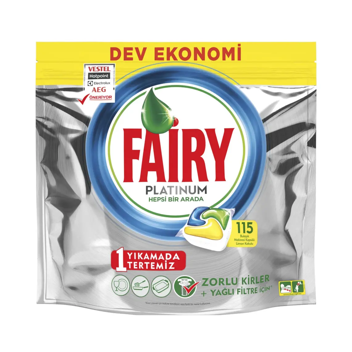 Fairy Platinum Bulaşık Makinesi Deterjanı Tableti / Kapsülü Limon Kokulu 115 Yıkama