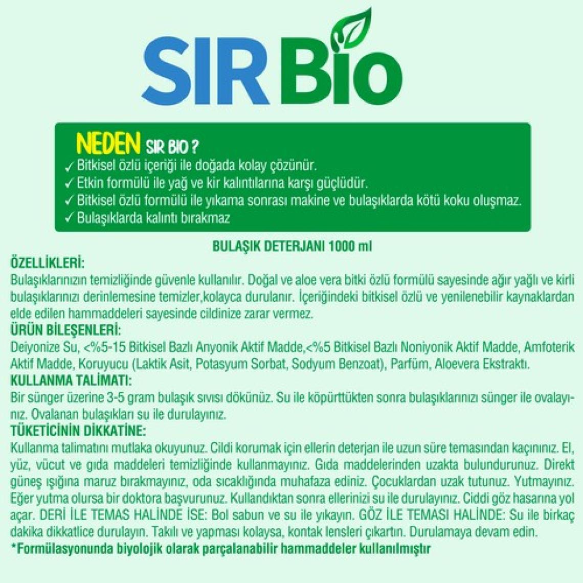 Sır Bio Bitkisel Özlü Elde Bulaşık Deterjanı 12 Adet 1000 ml Pompalı Şişe