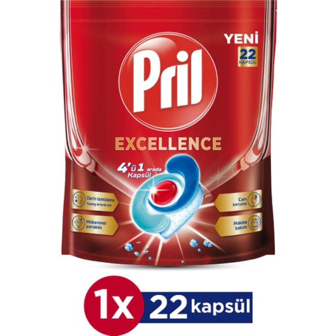Pril Excellence 4’ü 1 Arada Konsantre Bulaşık Makinesi Deterjanı 22 Kapsül – Güçlü Yağ Çözme, Üstün Temizlik ve Parlaklık