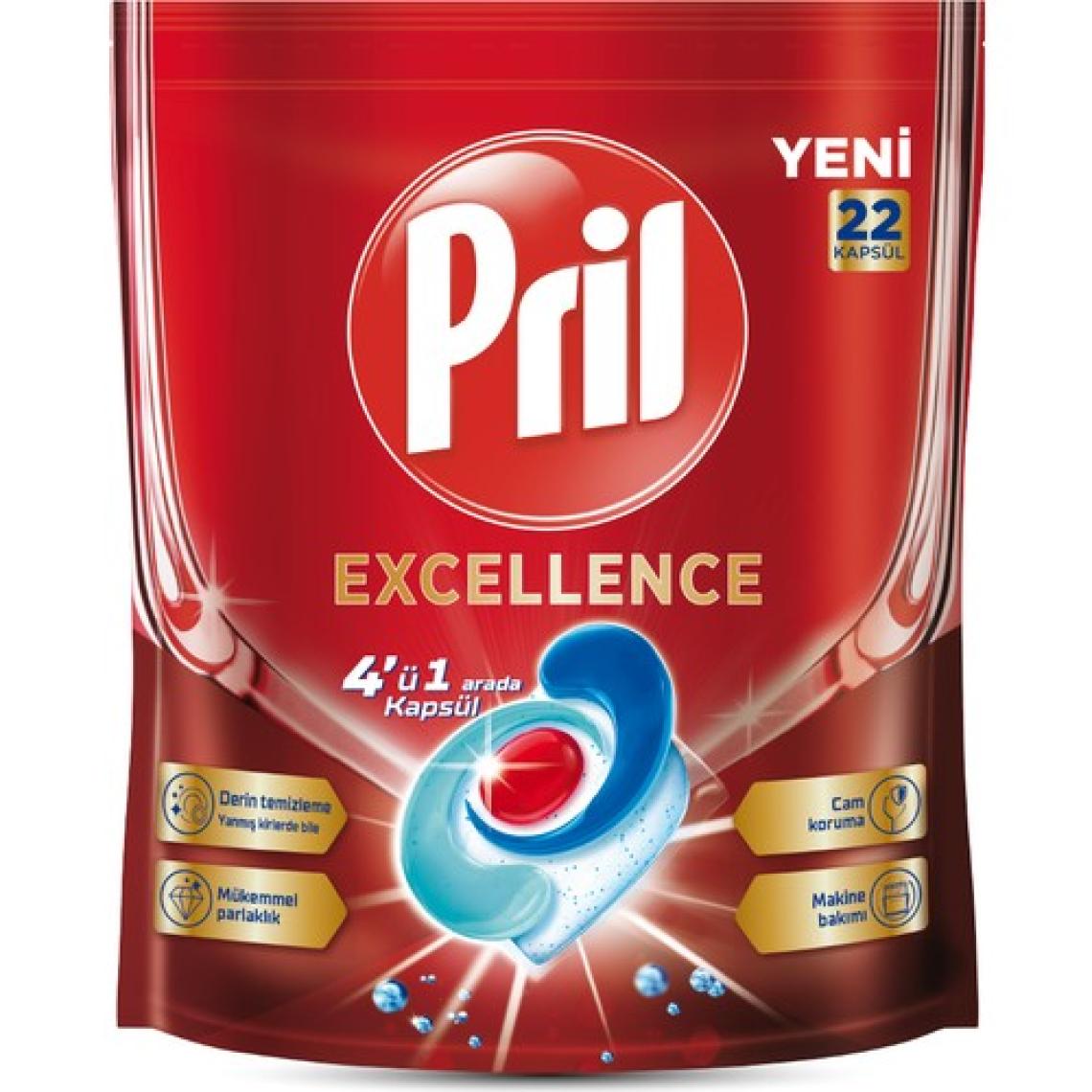 Pril Excellence 4’ü 1 Arada Konsantre Bulaşık Makinesi Deterjanı 22 Kapsül – Güçlü Yağ Çözme, Üstün Temizlik ve Parlaklık