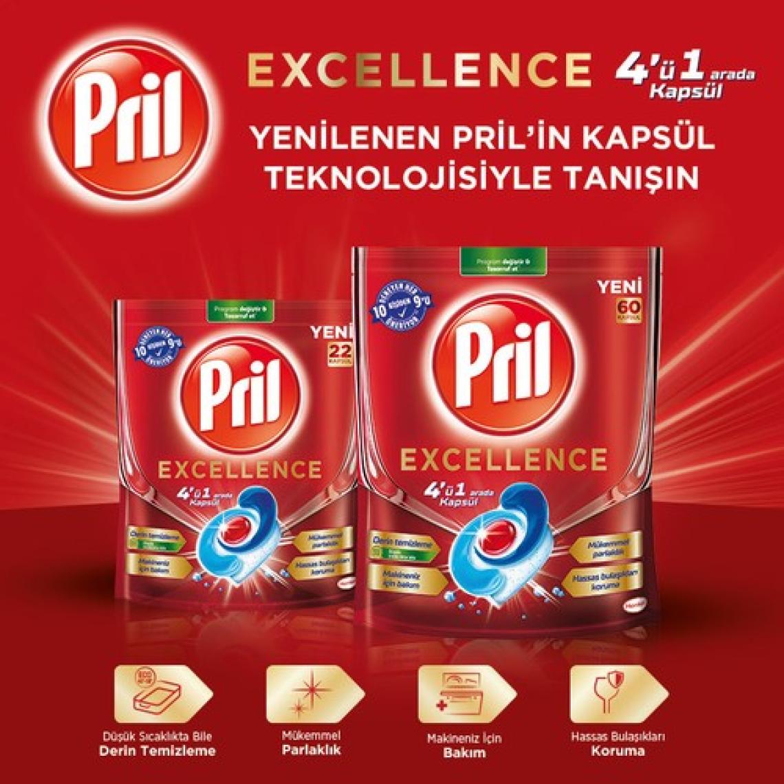 Pril Excellence 4’ü 1 Arada Konsantre Bulaşık Makinesi Deterjanı 22 Kapsül – Güçlü Yağ Çözme, Üstün Temizlik ve Parlaklık