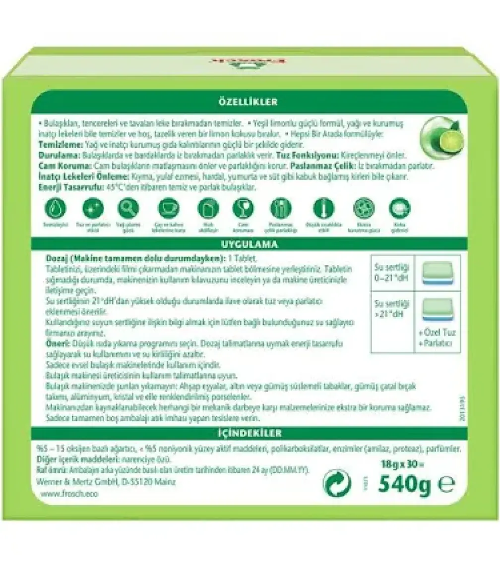 Frosch Yeşil Limon Kokulu Bulaşık Makinesi Tableti 30 yıkama