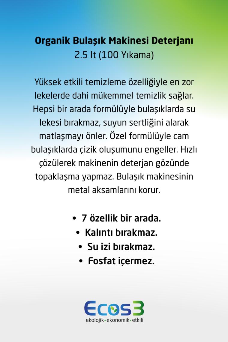 Bulaşık Makinesi Deterjanı, Organik & Vegan Sertifikalı, Ekolojik, 7’si Bir Arada 100 Yıkama, 2500ml