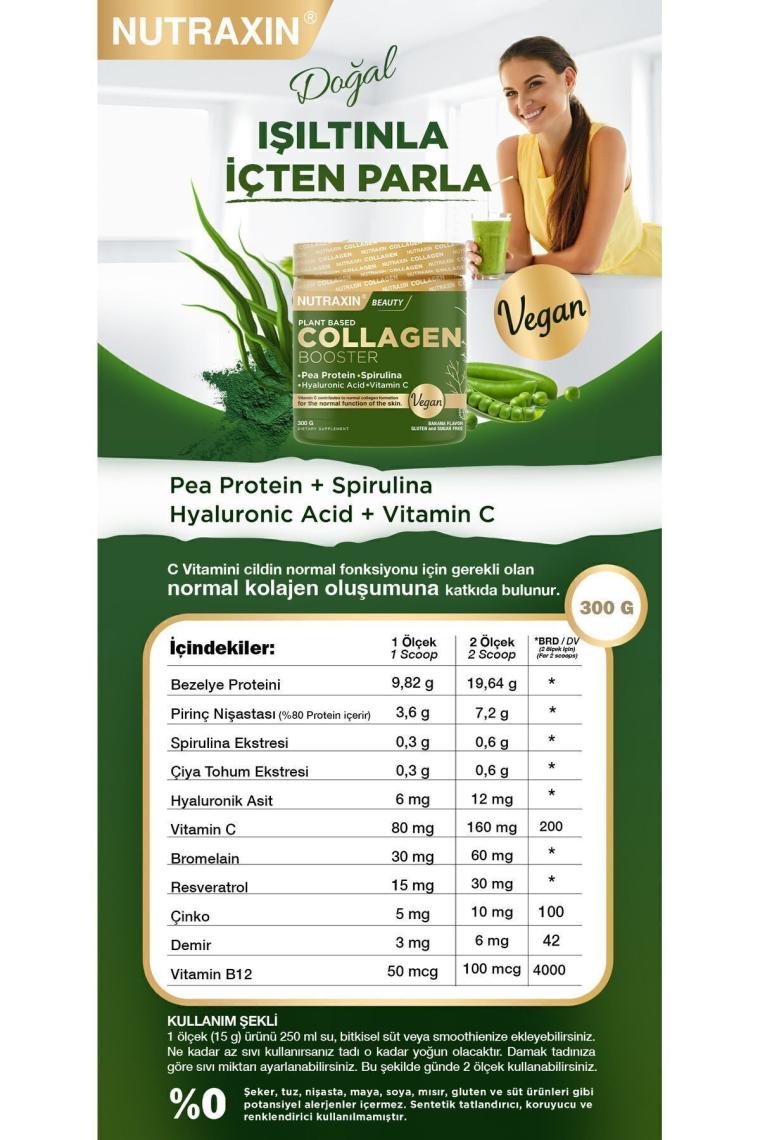 Nutraxin Vegan Kolajen Booster 300 gr - (Pea Protein-Spirulina-Vitamin C-Hyaluronik Asit-Glutensiz)