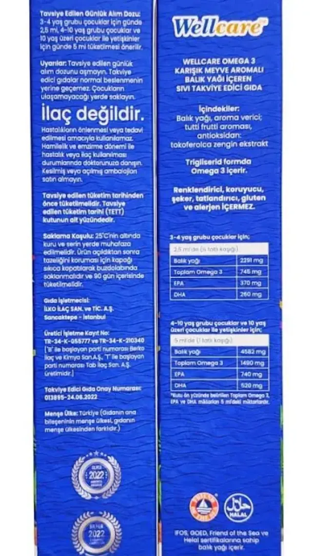 Wellcare Omega 3 Fish Oil Karışık Meyve Aromalı Balık Yağı 150 ml