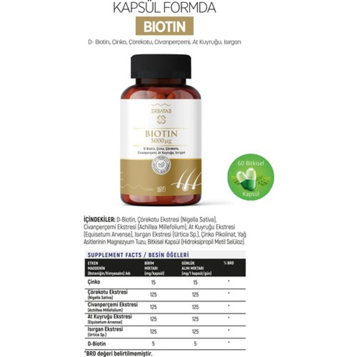 Erbatab Biotin (Çinko Çörekotu Civan Perçemi At Kuyruğu Isırgan Ekstresi) 60 Kapsül