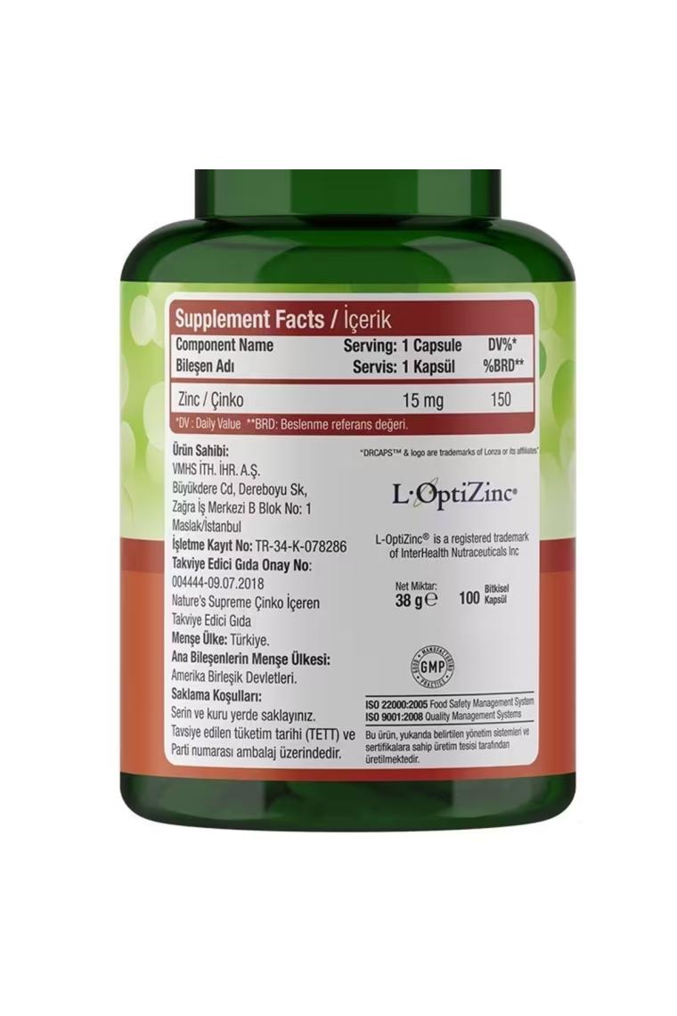 Nature's Supreme Zinc 15 Mg 100 Kapsül