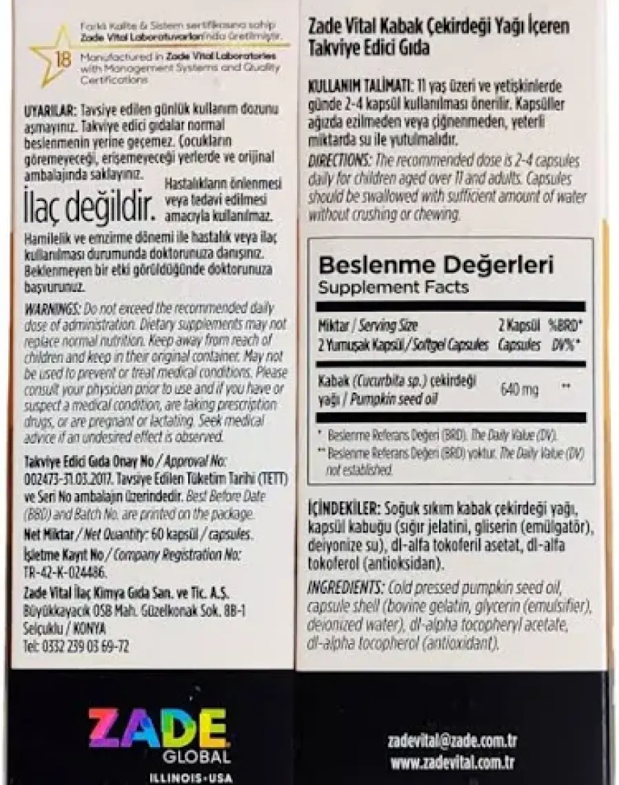 Zade Vital Kabak Çekirdeği Yağı 320 Mg 60 Yumuşak Kapsül - Blister