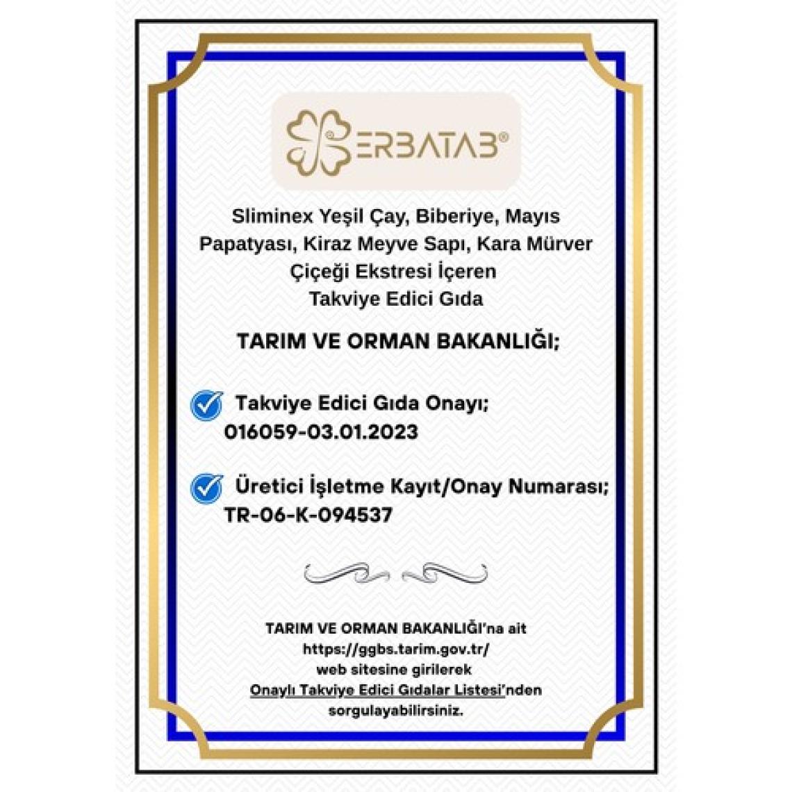 Erbatab Sliminex (Yeşilçay - Biberiye - Mayıs Papatyası - Kiraz Sapı Ekstresi) 60 Kapsül