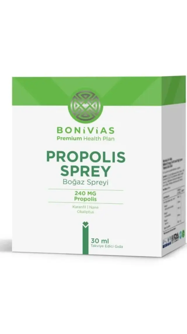 Bonivias Propolis Boğaz Spreyi / Propolis, Nane, Okaliptus, Karanfil, ve Mentol içeren Likit Takviye Edici Gıda