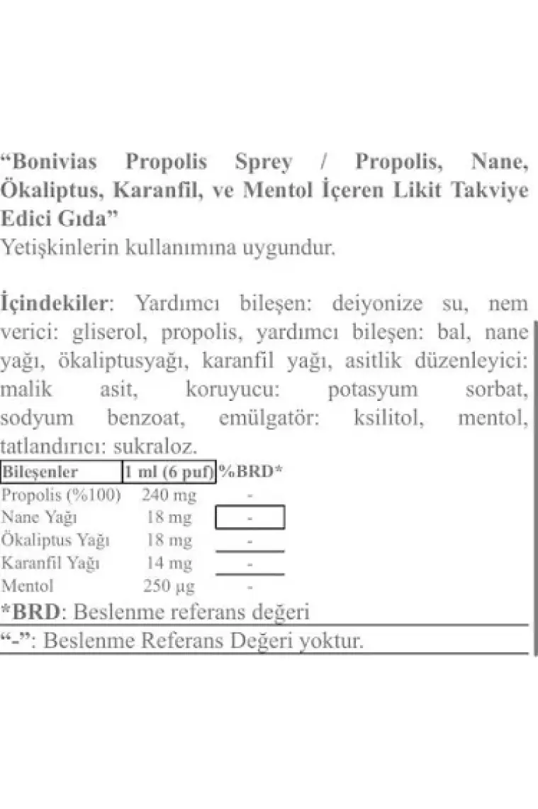 Bonivias Propolis Boğaz Spreyi / Propolis, Nane, Okaliptus, Karanfil, ve Mentol içeren Likit Takviye Edici Gıda