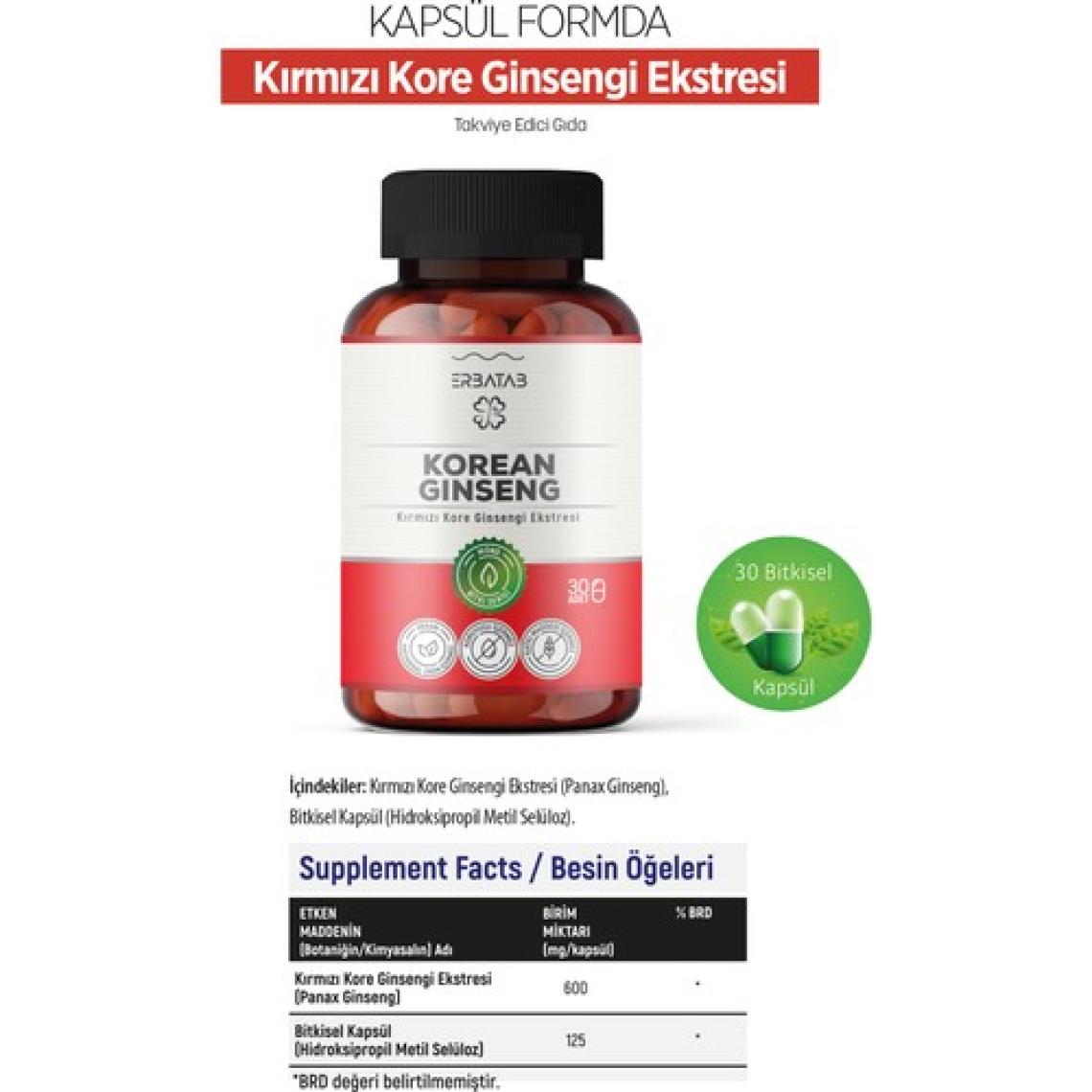 Erbatab Kırmızı Kore Ginsengi Ekstresi Korean Ginseng 30 Kapsül