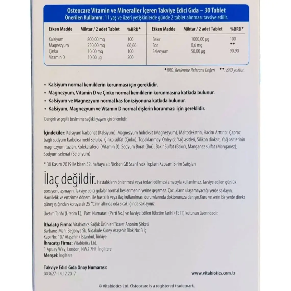 Osteocare Kalsiyum,Magnezyum, Çinko, D vitamini İçeren Kemik Sağlığı Vitamini 30 Tablet