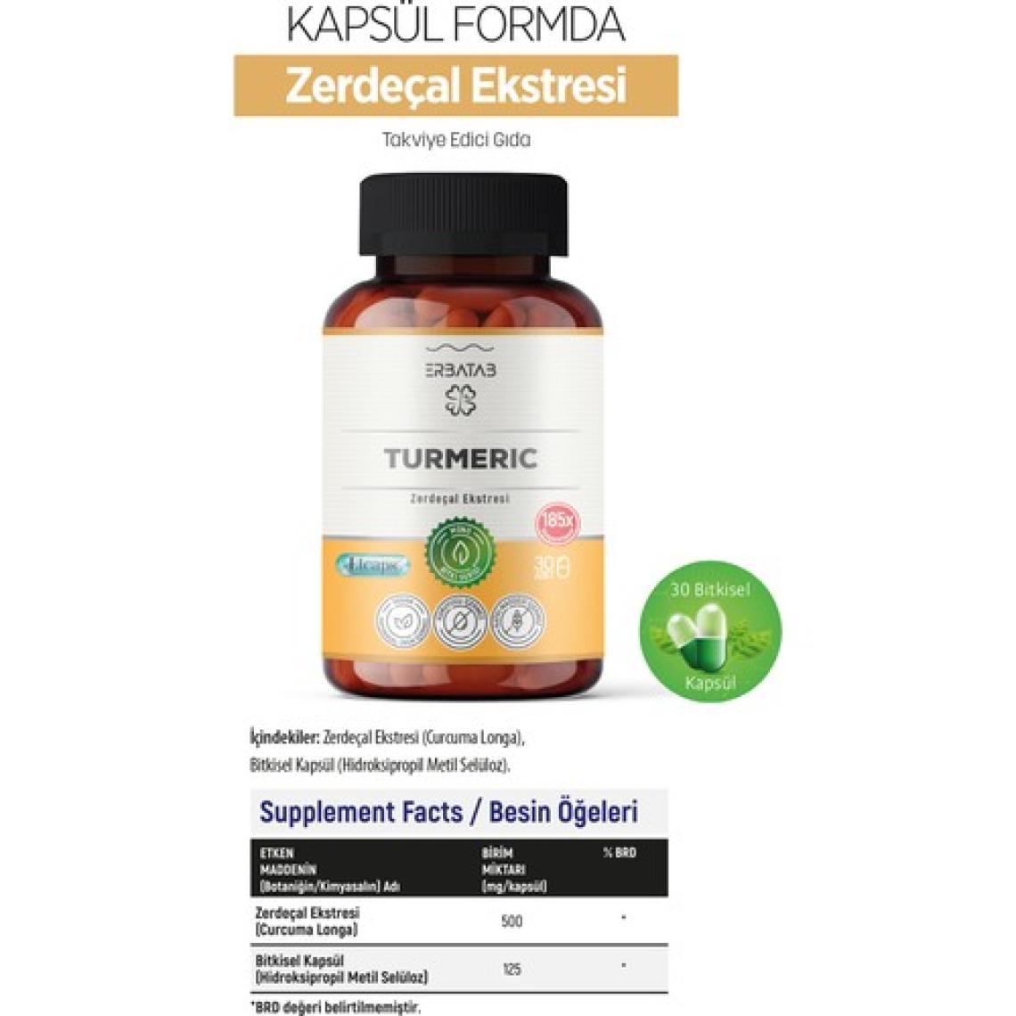 Erbatab Zerdeçal Curcumin Ekstresi 30 Kapsül Licaps®