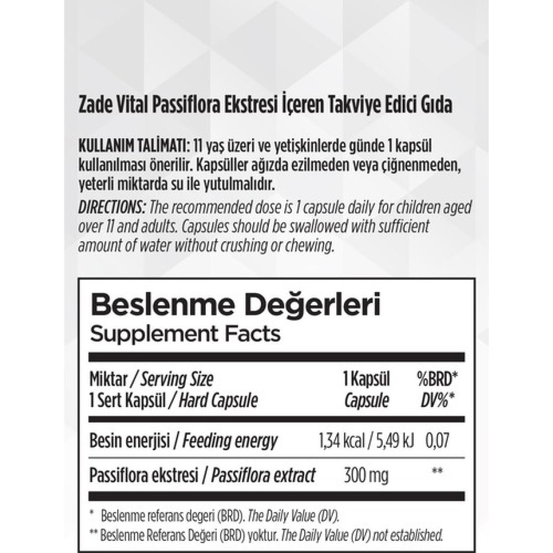 Zade Vital Passiflora Ekstresi 30 Bitkisel Kapsül