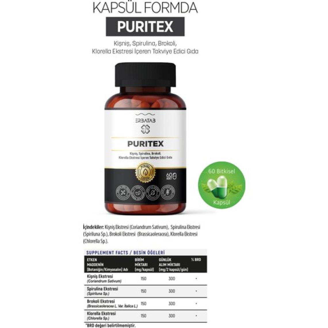 Erbatab Puritex (Kişniş - Spirulina - Brokoli - Klorella) 60 Kapsül