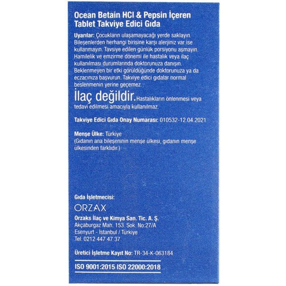 Ocean Betain Hcı + Pepsin 120 Tablet