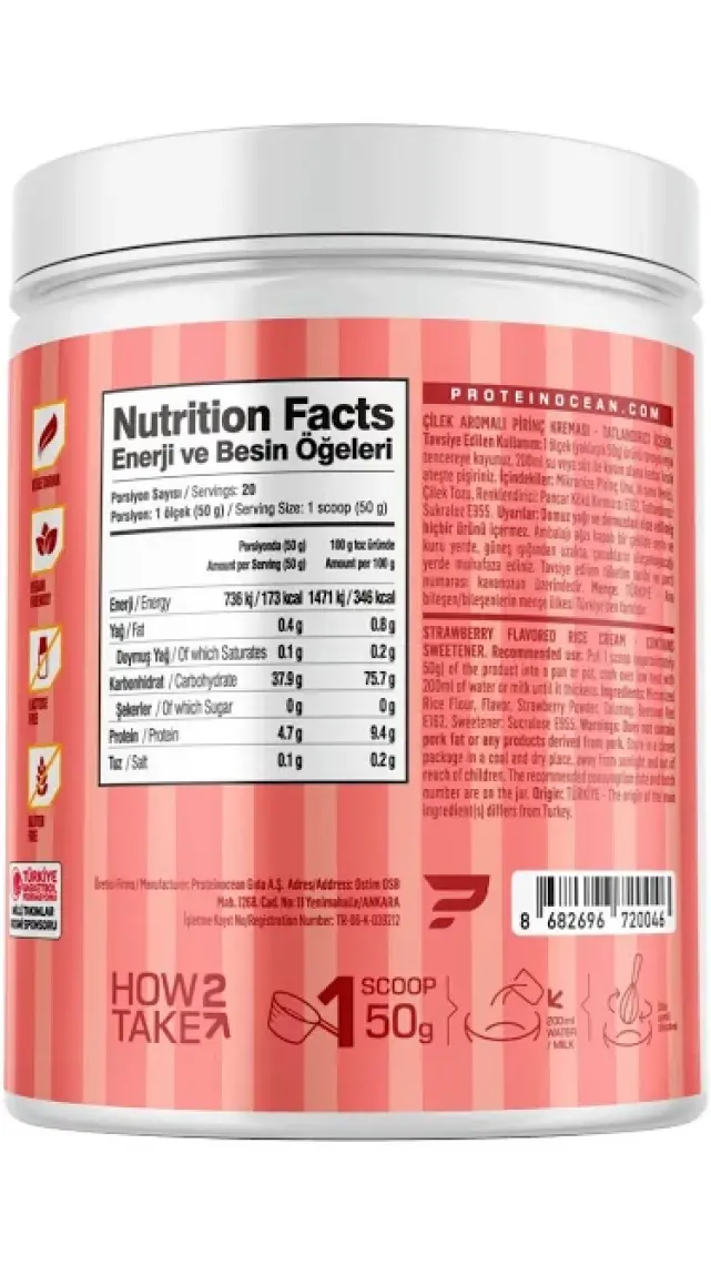 Proteinocean Cream Of Rice Pirinç Kreması - Çilek - 1 kg - 20 Servis