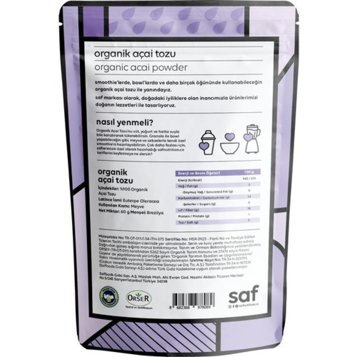 Saf Nutrition Organik Acai Tozu 60 gr
