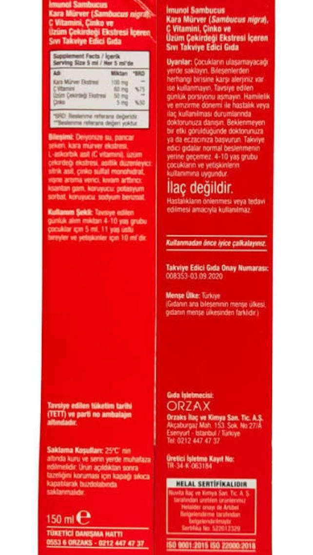 Orzax Imunol Sambucus Aromalı 150 ml Şurup