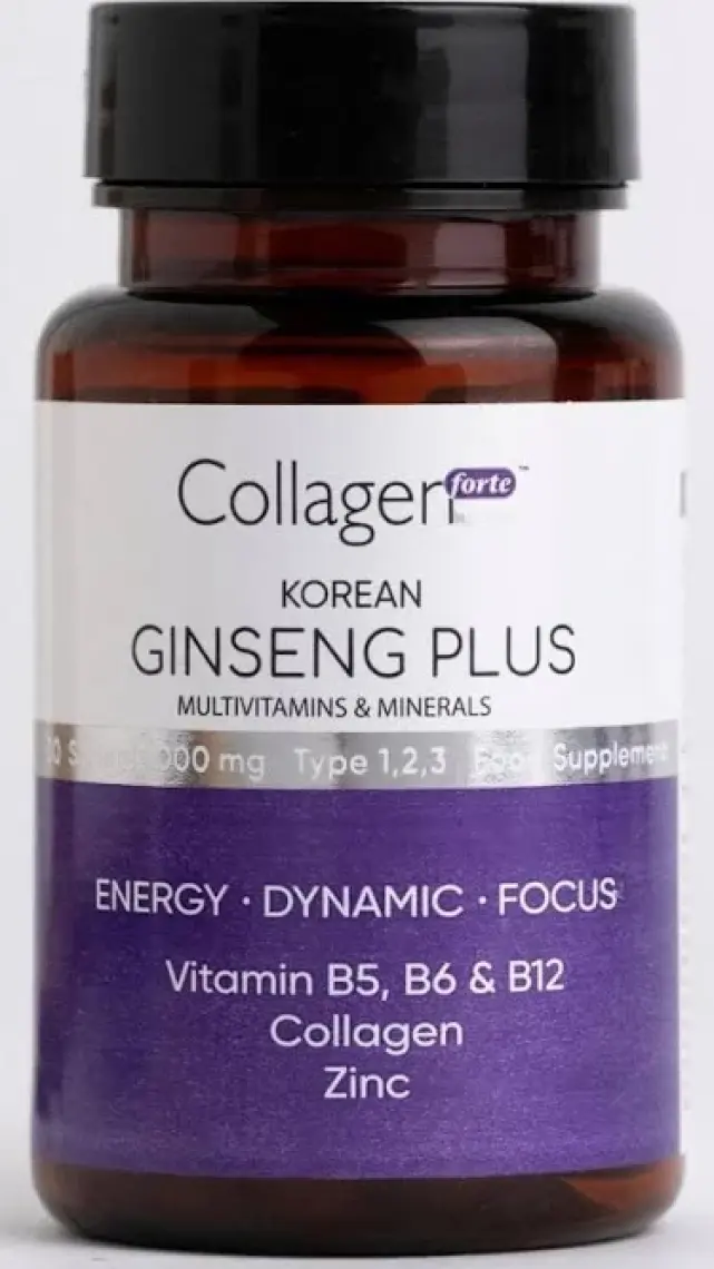 Collagen Forte Platinum Kırmızı Kore Ginseng Plus, Hidrolize Kolajen, Vitamin B5-B6-B12 & Çinko, Softgel 1000 mg