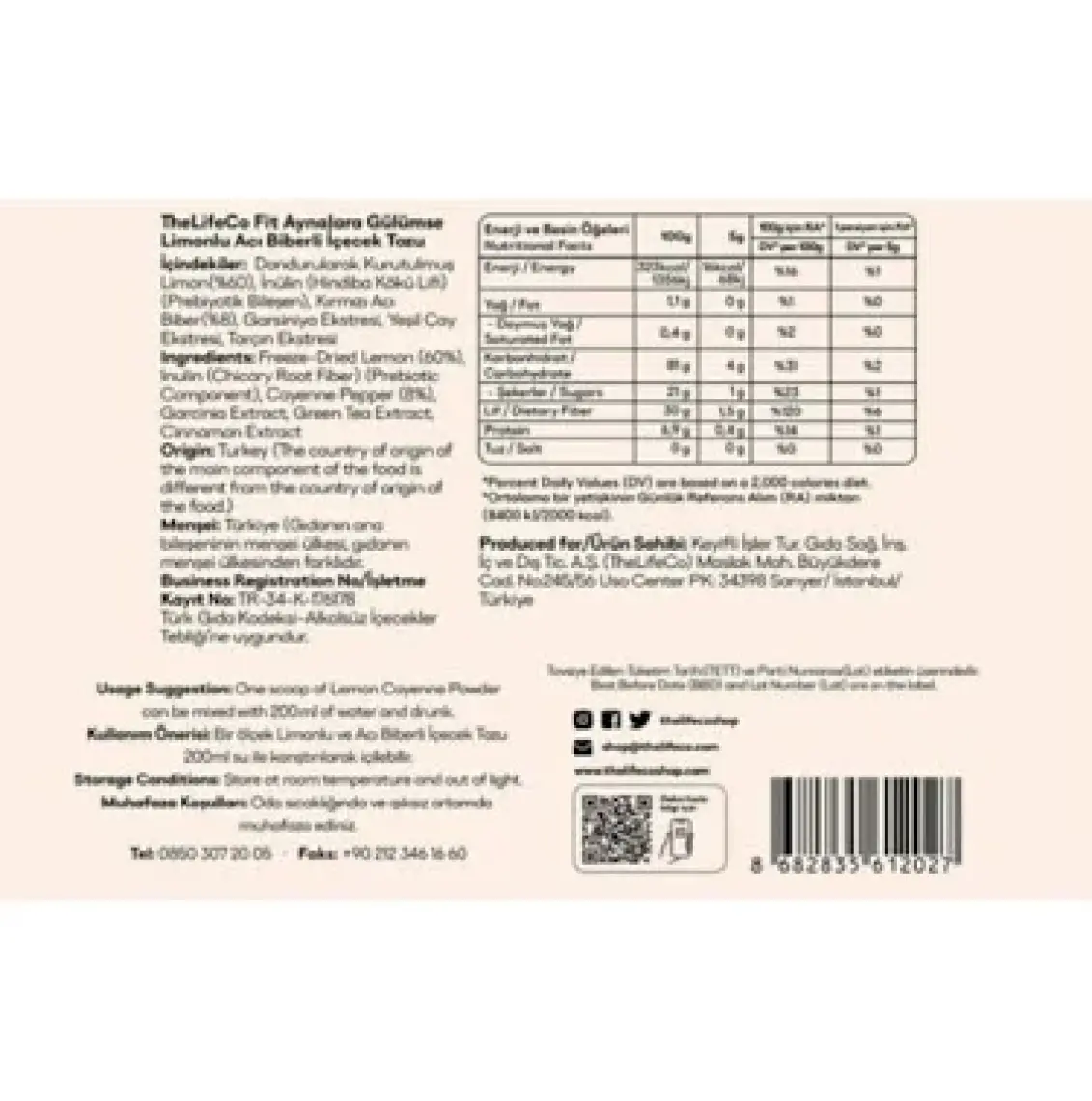 TheLifeCo Lemon Cayenne - Limonlu Acı Biberli İçecek Tozu 5g x 15 Adet Şase