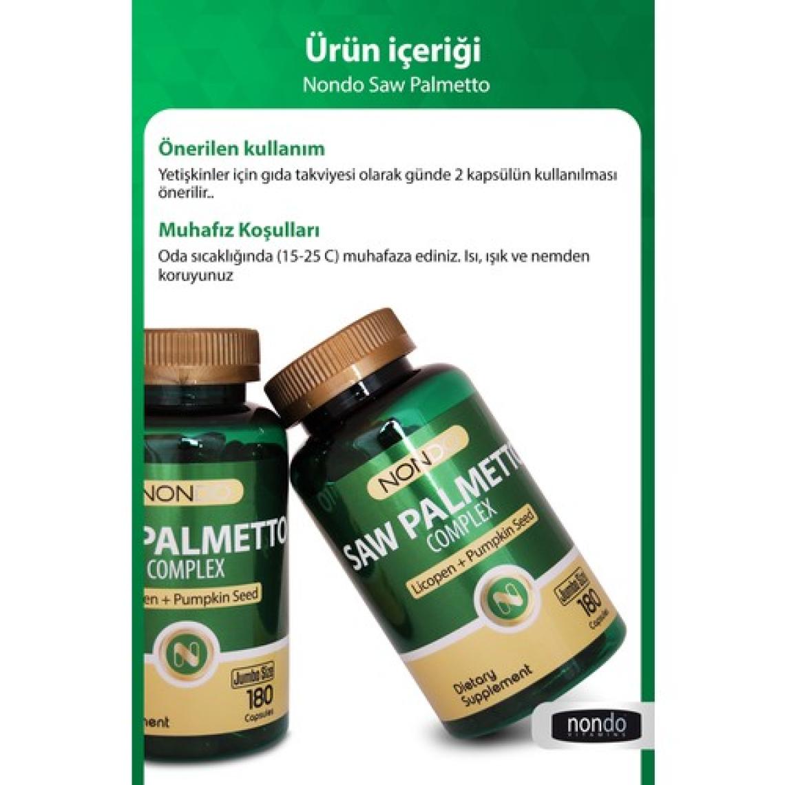 Nondo Saw Palmetto Complex 180 Kapsül (Jumbo Boy 3 Aylık Kullanım , Cüce Palmiye,likopen,çinko,yeşil Çay)