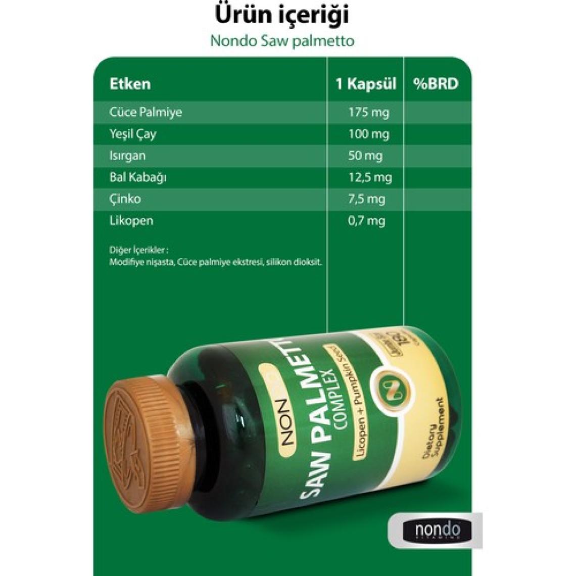 Nondo Saw Palmetto Complex 180 Kapsül (Jumbo Boy 3 Aylık Kullanım , Cüce Palmiye,likopen,çinko,yeşil Çay)