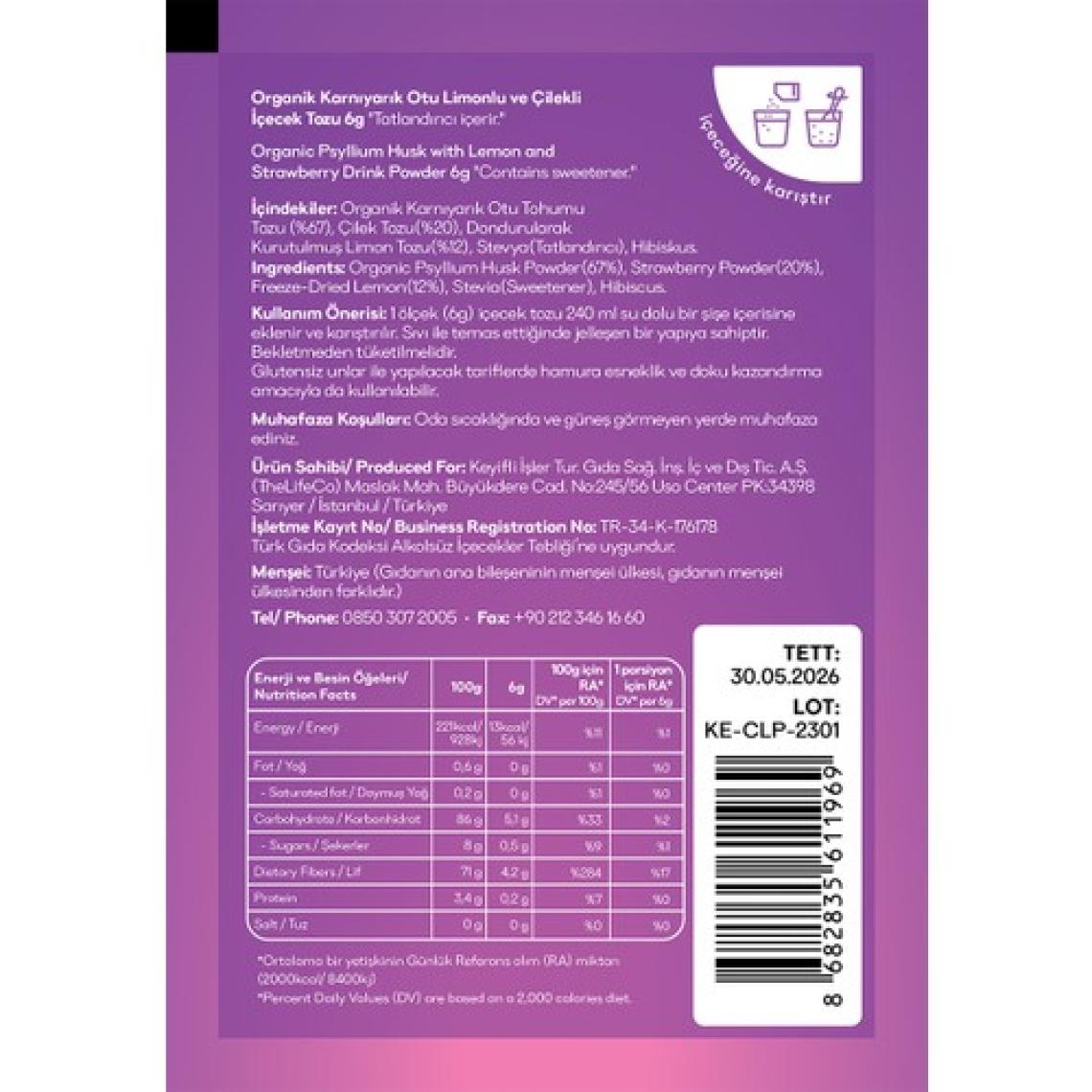 TheLifeCo Organik Psyllium - Limonlu ve Çilekli Karnıyarık Otu İçecek Tozu 6g x 7 Adet Şase