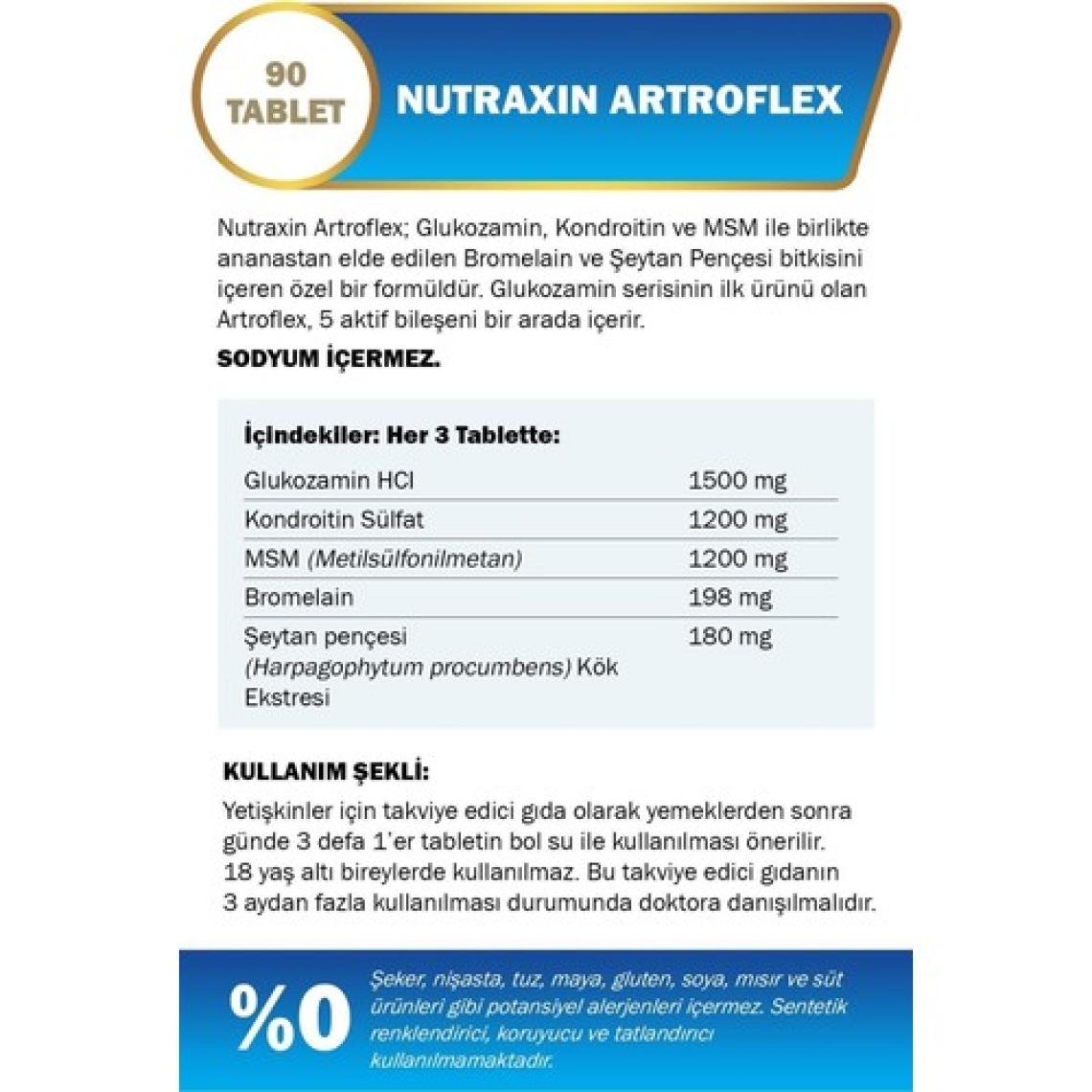 Nutraxin Artroflex 90 Tablet - Glukozamin, Kondroitin, MSM, Bromenlin ve Şeytan Pençesi İçeren Takviye Edici Gıda