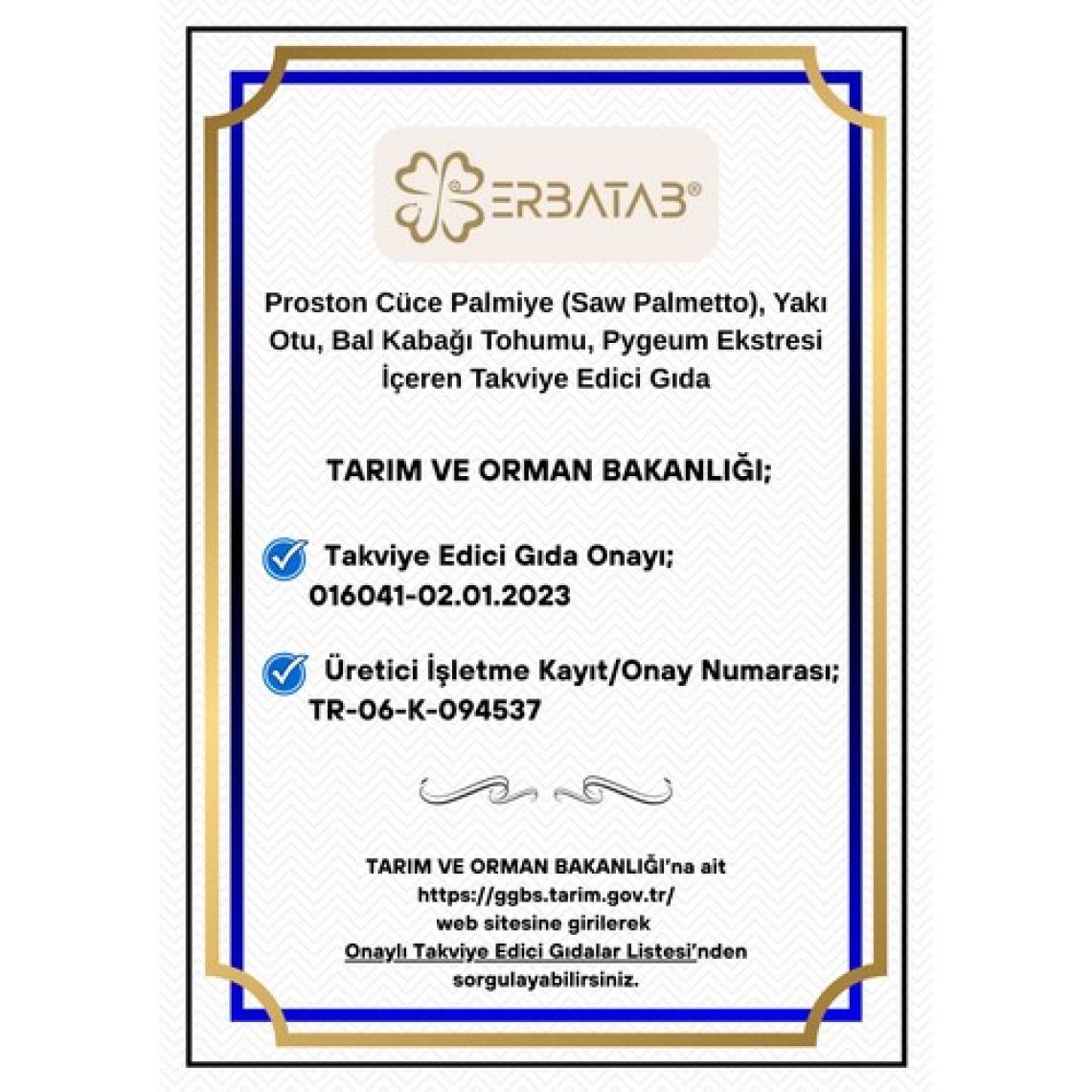 Erbatab Proston (Cüce Palmiye- Yakı Otu - Bal Kabağı Tohumu- Pygeum Ekstresi) 60 Kapsül