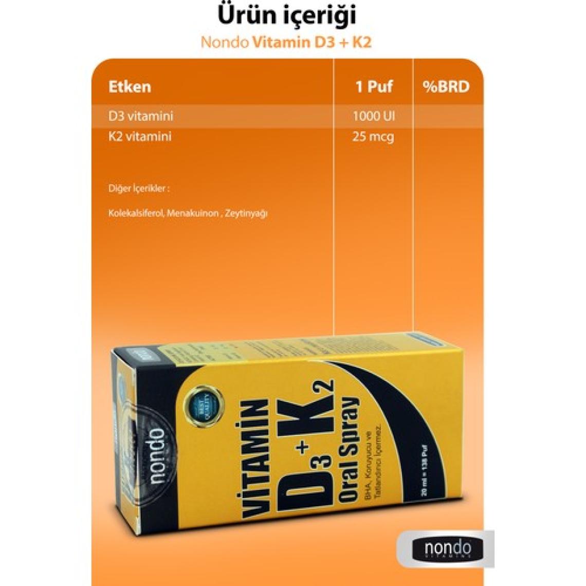 Nondo D3 ve K2 Vitamini Oral Sprey 20 ml 138 Puf