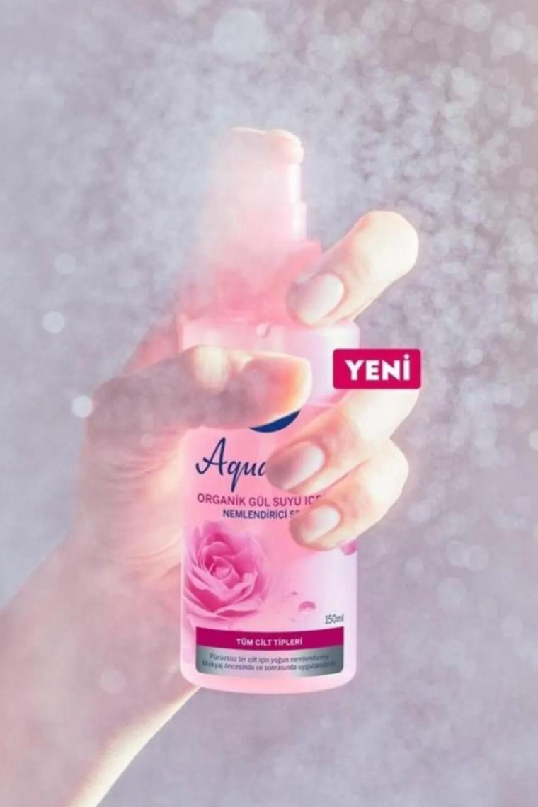 Aqua Rose Organik Gül Suyu Nemlendirici Yüz Sprey 150ml, Makyaj Öncesi ve Makyaj Sonrası Sabitleyici
