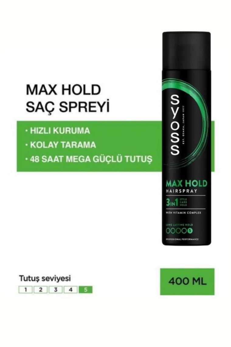 Syoss Saç Spreyi 400 ml x 2 – Maksimum Tutuş ve Parlaklık, Anti-Statik Etki, Vitamin Kompleksi, Her Saç Tipine Uygun