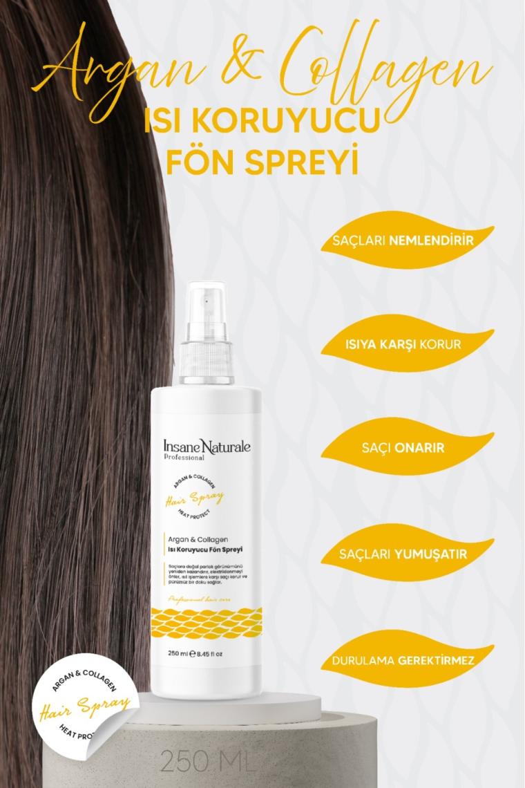 İnsane Naturale Argan ve Kolajenli Isı Koruyucu Saç Spreyi 250 ml – Tüm Saç Tipleri İçin Parlak ve Pürüzsüz Görünüm