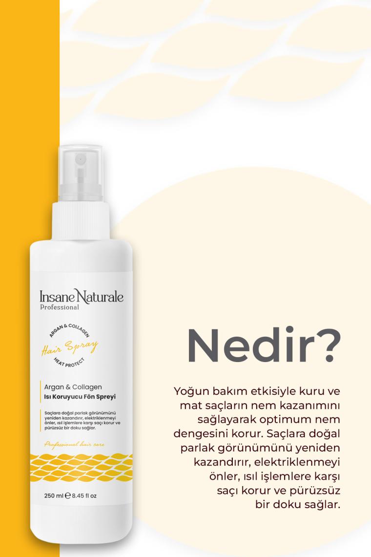 İnsane Naturale Argan ve Kolajenli Isı Koruyucu Saç Spreyi 250 ml – Tüm Saç Tipleri İçin Parlak ve Pürüzsüz Görünüm