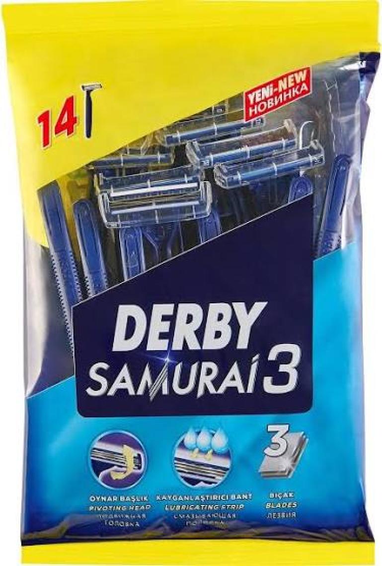 Derby Samurai 3 Tıraş Bıçağı - Krom Seramik Platin Kaplama, Oynar Başlıklı, E Vitamini İçeren, Erkekler İçin 14'lü Paket