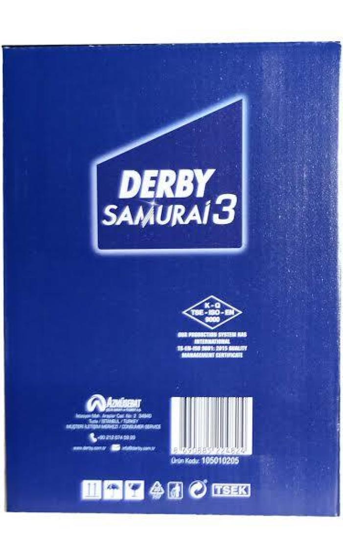 Derby Samurai 3 Tıraş Bıçağı - Krom Seramik Platin Kaplama, Oynar Başlıklı, E Vitamini İçeren, Erkekler İçin 14'lü Paket