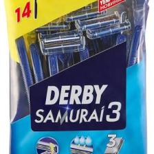 Derby Samurai 3 Tıraş Bıçağı - Krom Seramik Platin Kaplama, Oynar Başlıklı, E Vitamini İçeren, Erkekler İçin 14'lü Paket