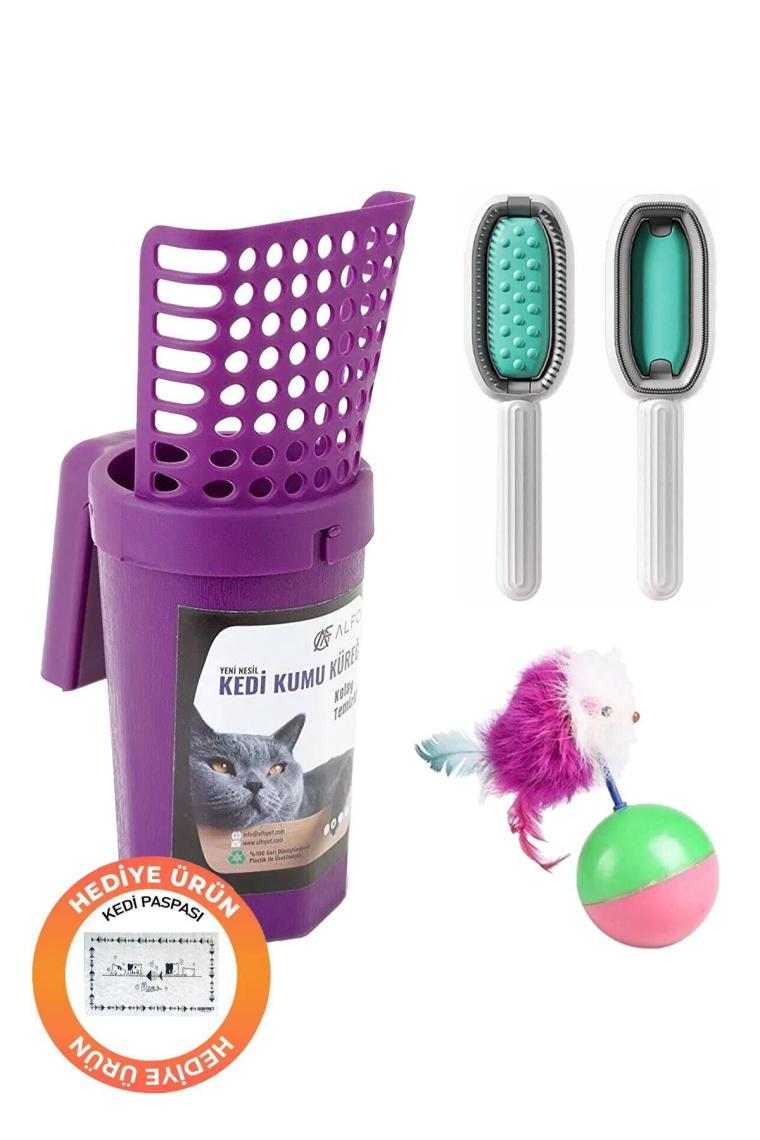 GOBYPET 3 Lü Set Yeni Nesil Mor Kedi Kumu Küreği, Çok Fonksiyonlu Kaşıma Aleti, Fareli Hacıyatmaz