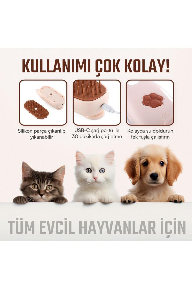 Akotron Buharlı Kedi Köpek Tarağı | Evcil Hayvan Masaj Temizleme Fırçası | Şarjlı Pet Masaj Aleti