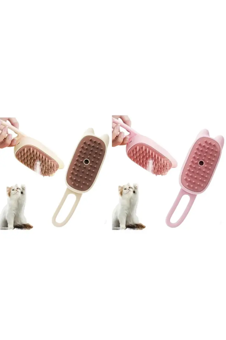 Justie Pet Kedi Tasarımlı Saplı Buharlı Kedi Tarağı, Buharlı Kedi Yıkama Fırçası Tarağı Pembe-Bej